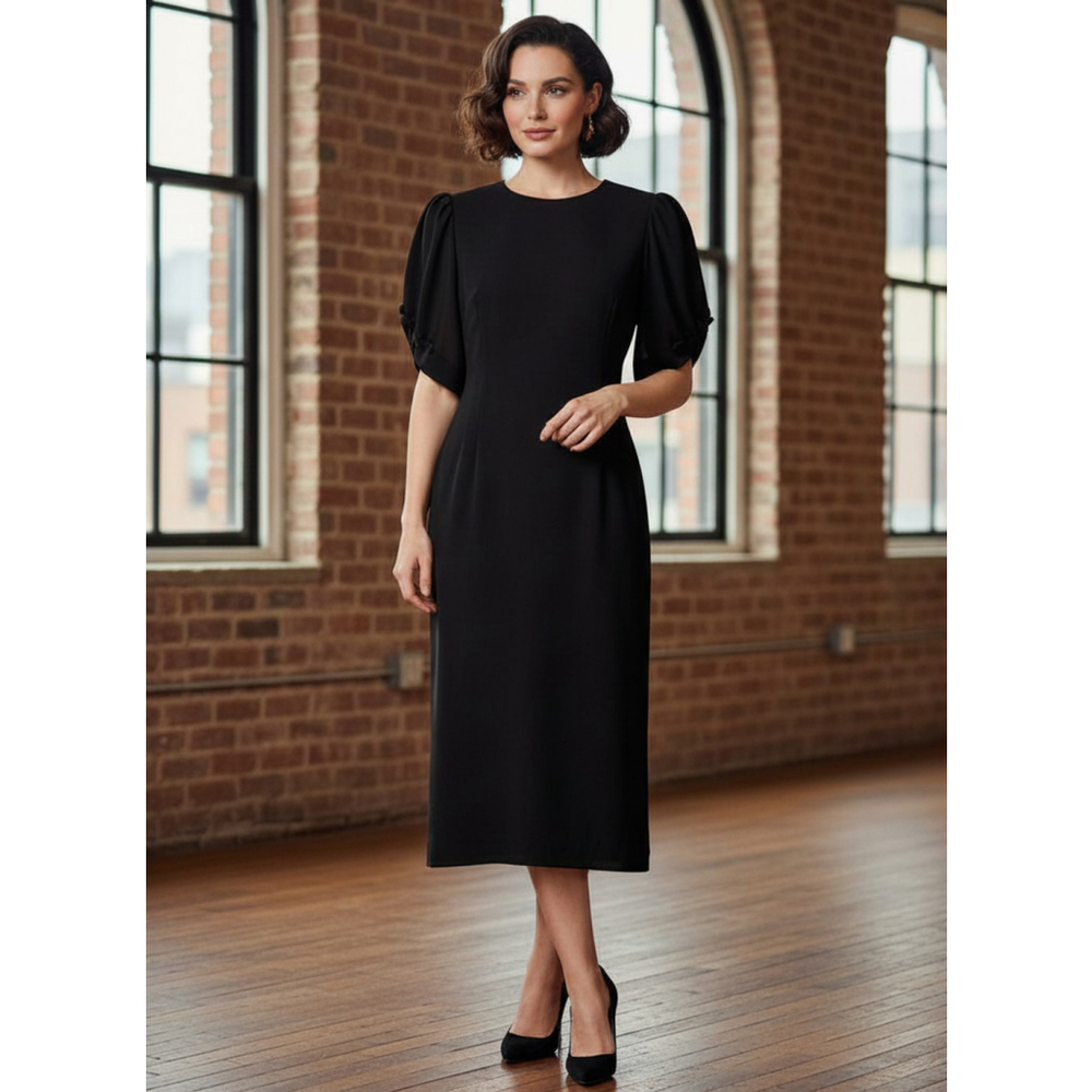 Susan Bennett Vintage Black Midi Puff Sleeve Dress Size 12 (19” PTP)